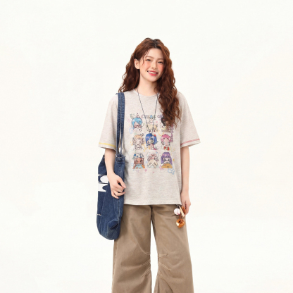 復古輕薄彩砂卡通印花短袖T恤女夏季慵懶風寬鬆半袖上衣