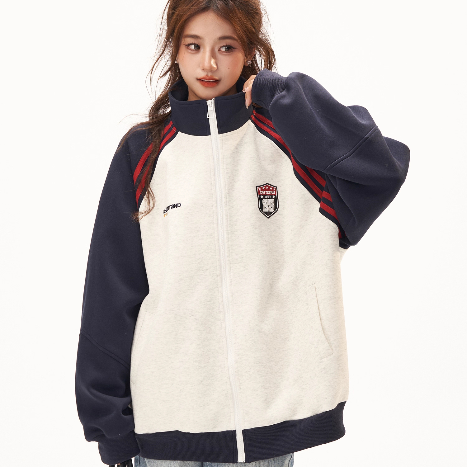 美式復古衛衣外套女秋冬季高級感拼接插肩袖衛衣開衫