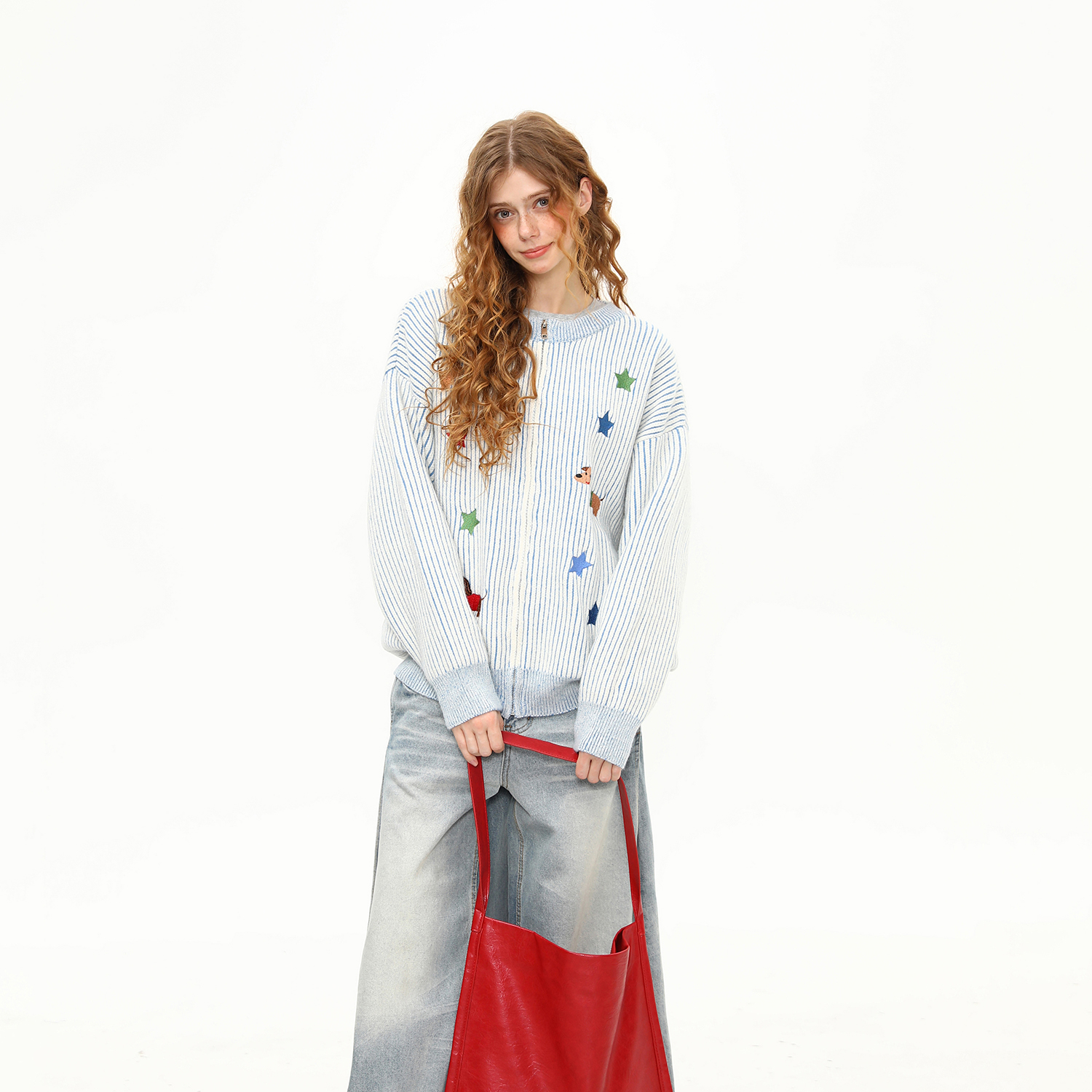 美式復古小狗刺繡條紋針織衫毛衣女秋冬慵懶寬鬆開衫外套