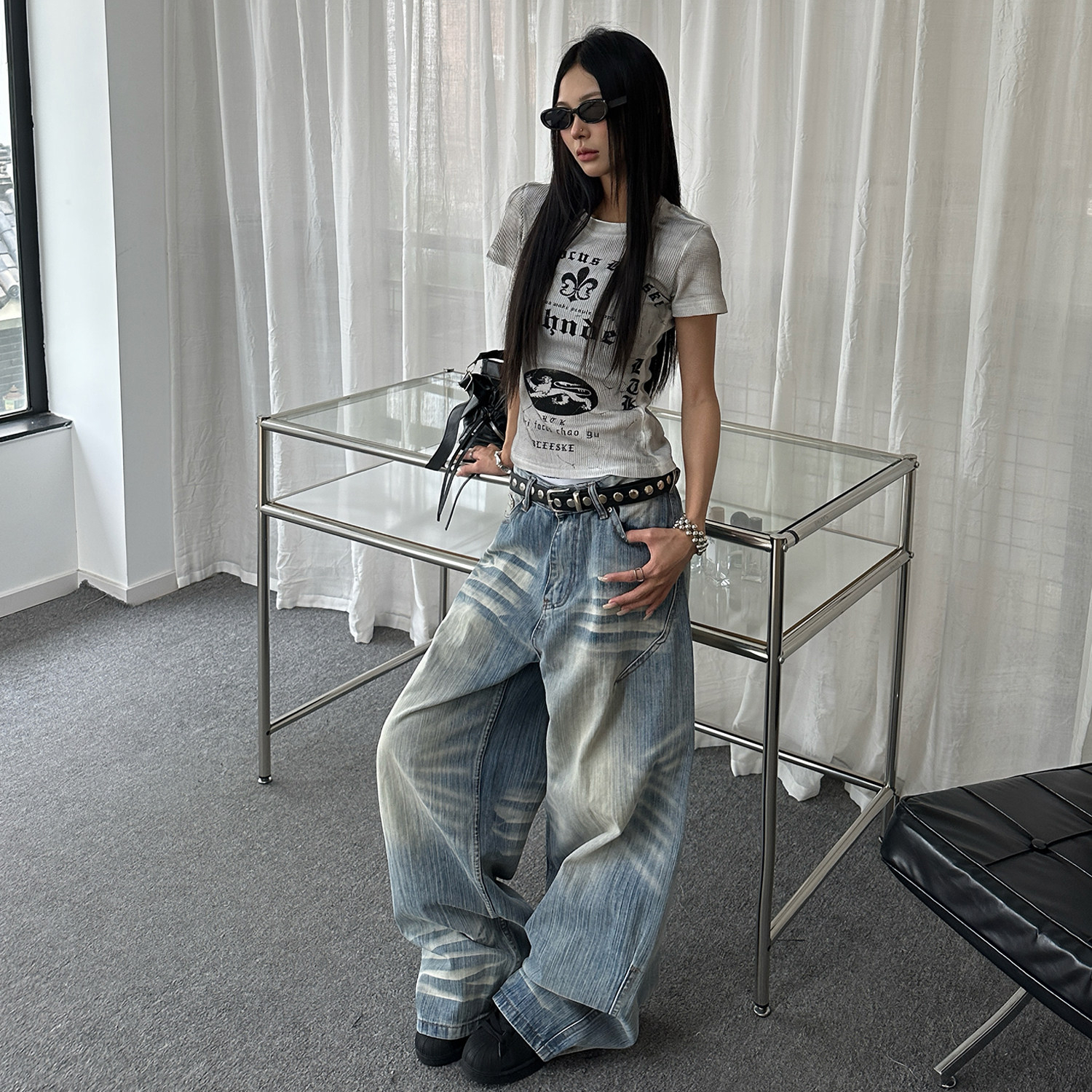 美式竹節紋寬鬆闊腿牛仔褲女重磅潮流高級感水洗褲子
