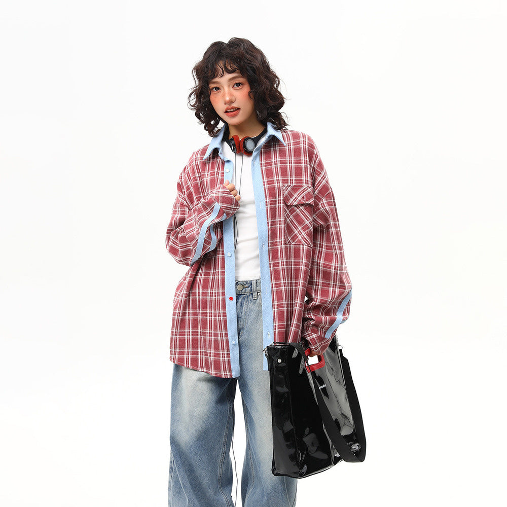美式復古撞色格子長袖襯衫女春季寬鬆百搭格紋襯衣