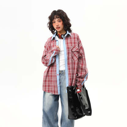 美式復古撞色格子長袖襯衫女春季寬鬆百搭格紋襯衣