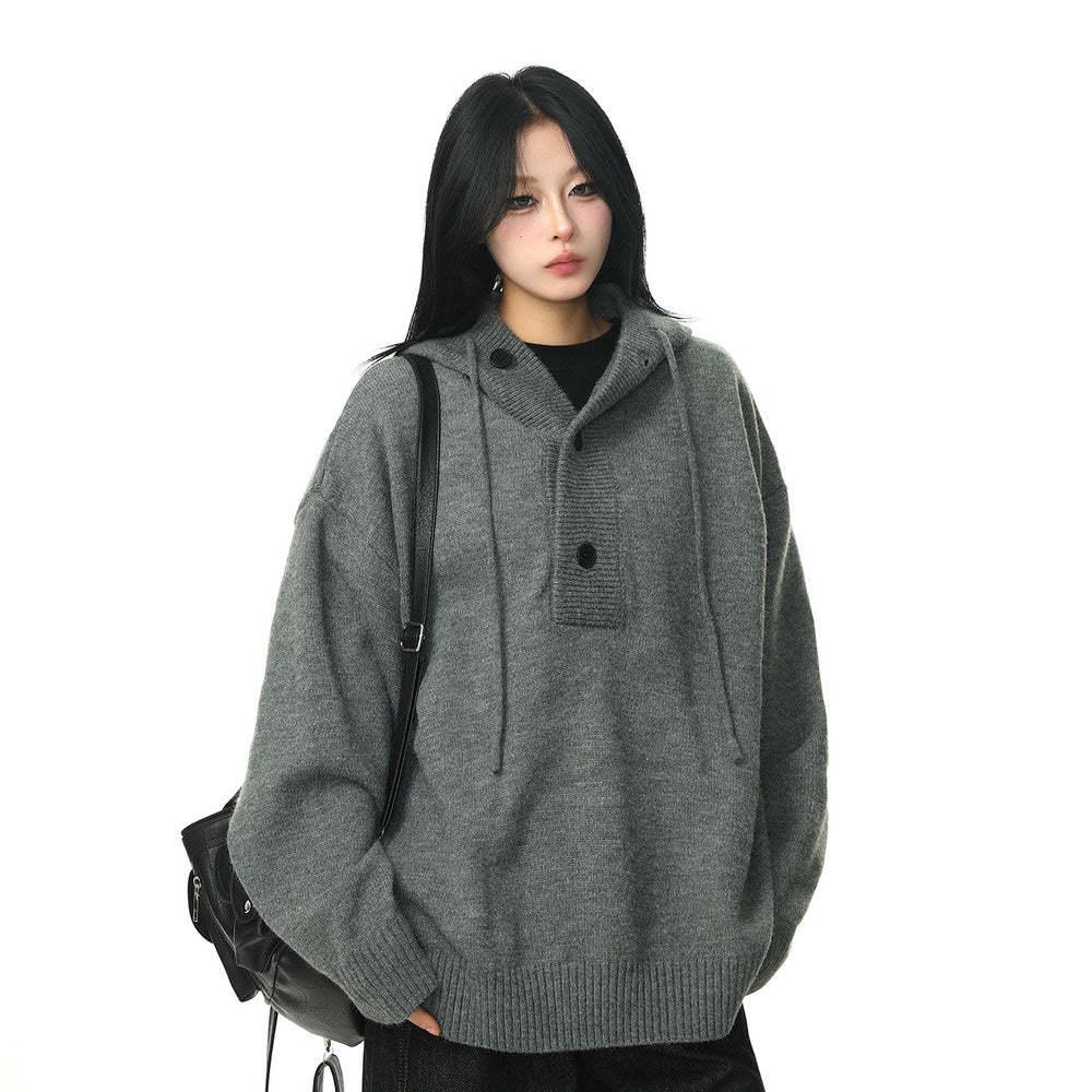 冬季新品復古高級感灰色連帽毛衣女加厚重磅慵懶風針織衫
