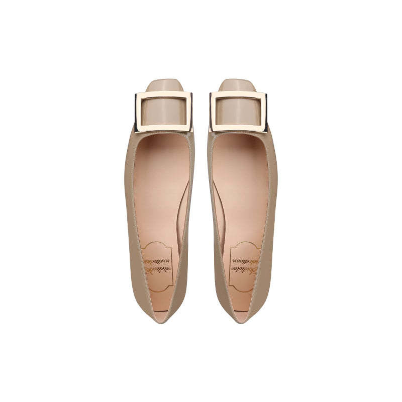 經典方扣小方頭淺口高跟鞋女夏粗跟平底通勤單鞋