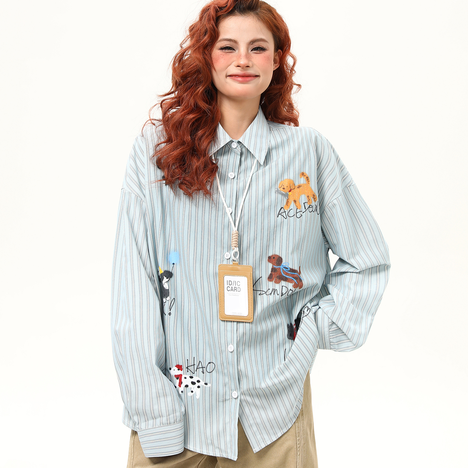 美式復古小狗印花豎條紋長袖襯衫女早秋寬鬆百搭襯衣