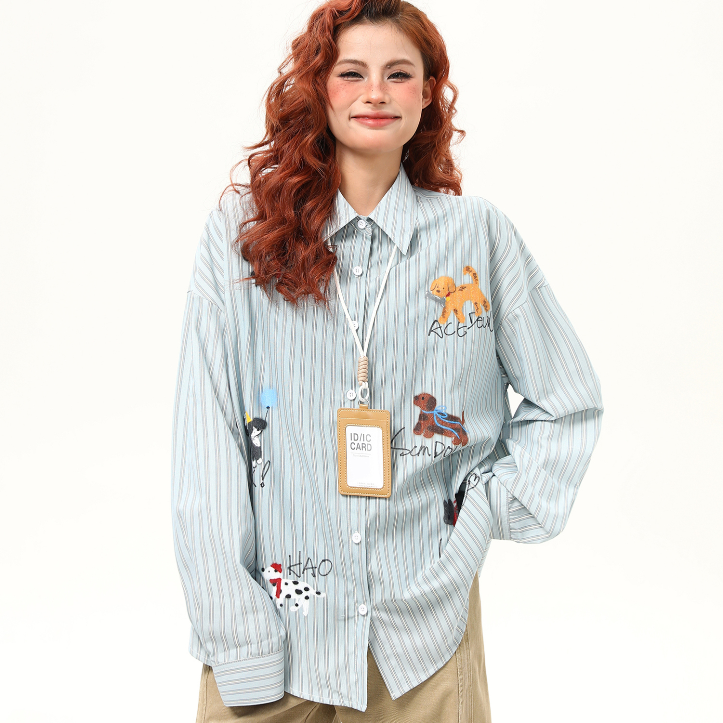 美式復古小狗印花豎條紋長袖襯衫女早秋寬鬆百搭襯衣