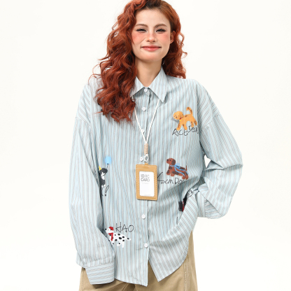 美式復古小狗印花豎條紋長袖襯衫女早秋寬鬆百搭襯衣