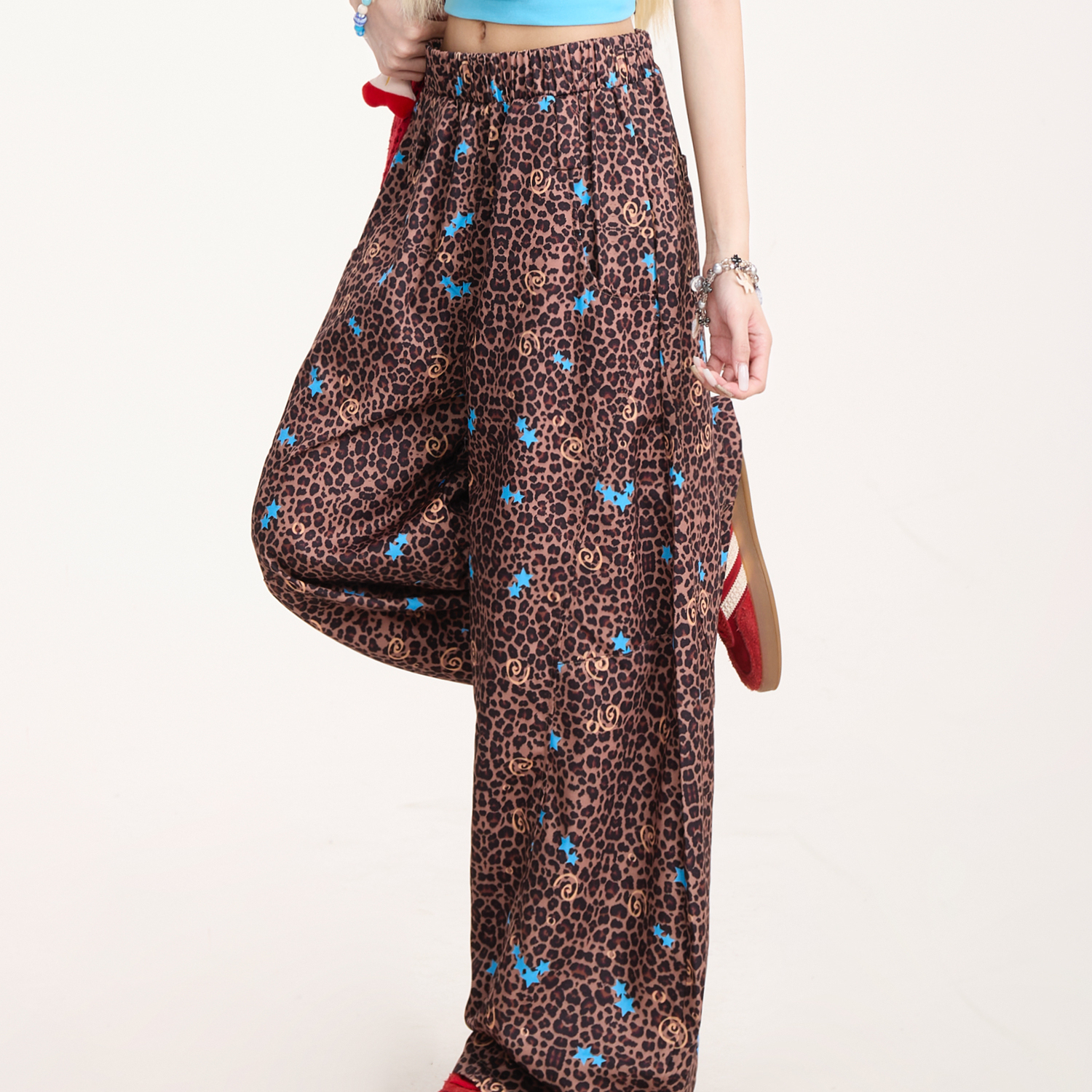 星星印花豹紋褲子女美式潮牌休閒直筒褲街頭小眾闊腿褲秋季