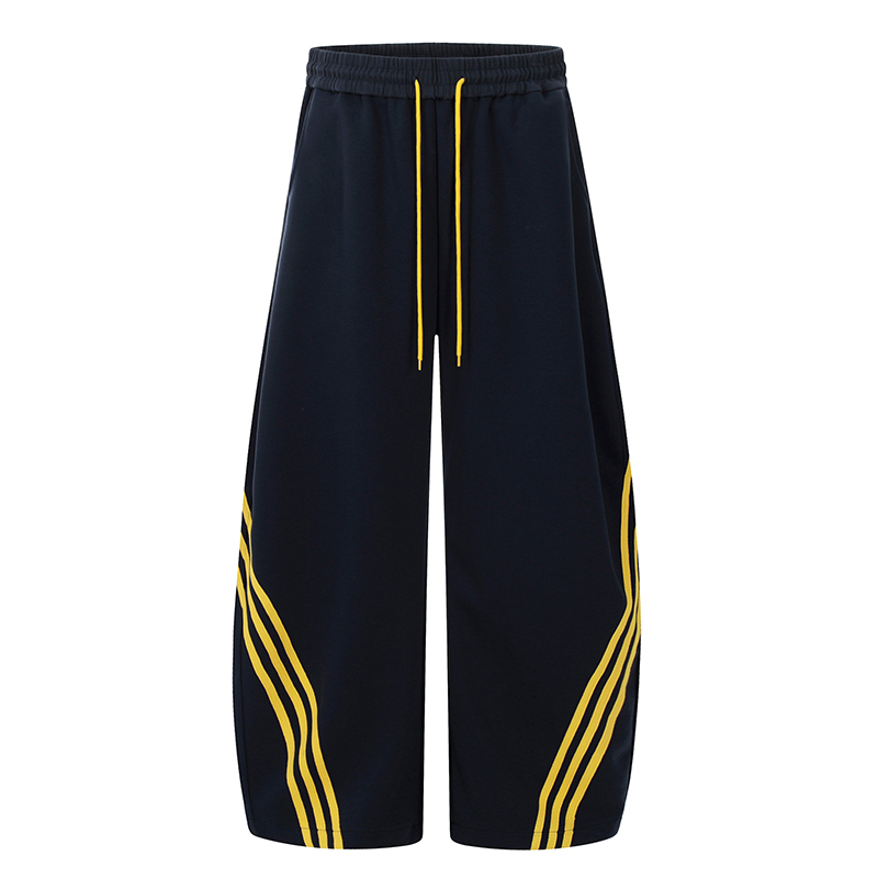 美式復古街頭三條杠闊腿彎刀衛褲加絨寬鬆條紋抽繩爵士舞褲子秋冬