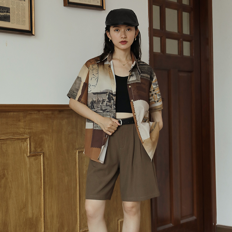 復古港風短袖襯衫女2025年夏季新款顯瘦時尚感寬鬆襯衣上衣