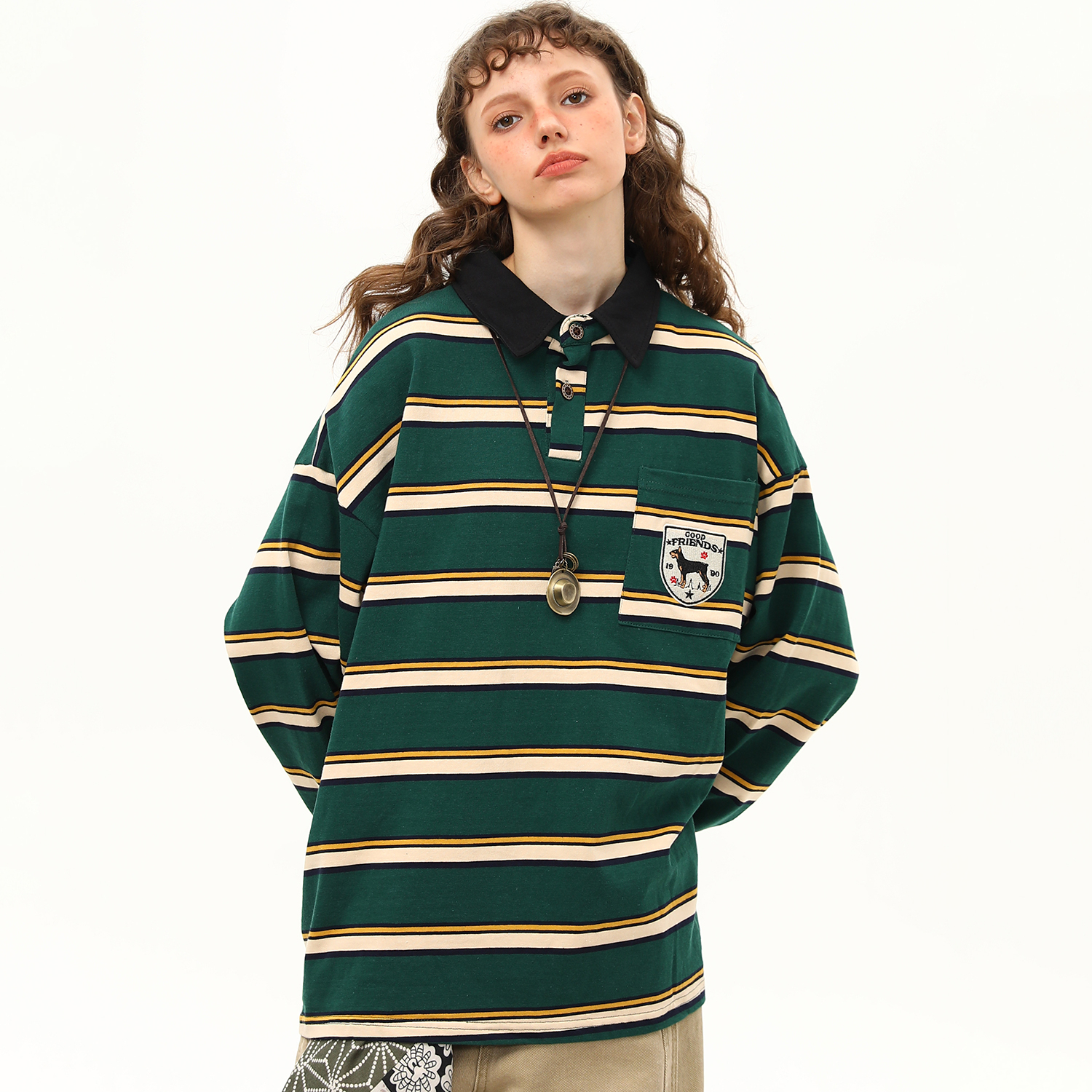 美式復古學院風條紋長袖T恤女秋季polo衫翻領寬鬆上衣