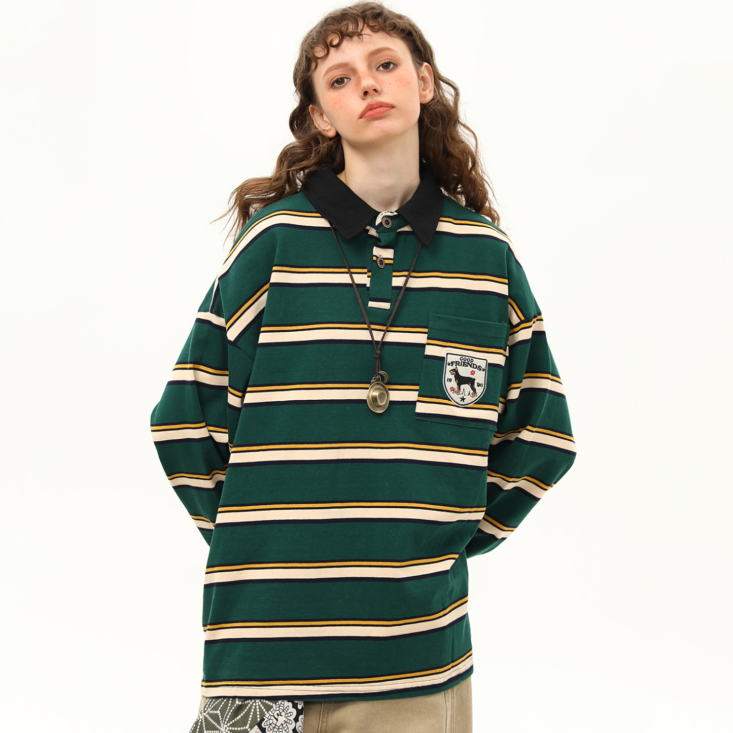 美式復古學院風條紋長袖T恤女秋季polo衫翻領寬鬆上衣