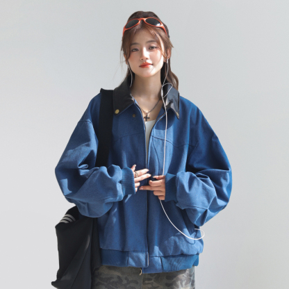 巴恩風外套女短款小個子美式復古pu拼皮工裝翻領夾克