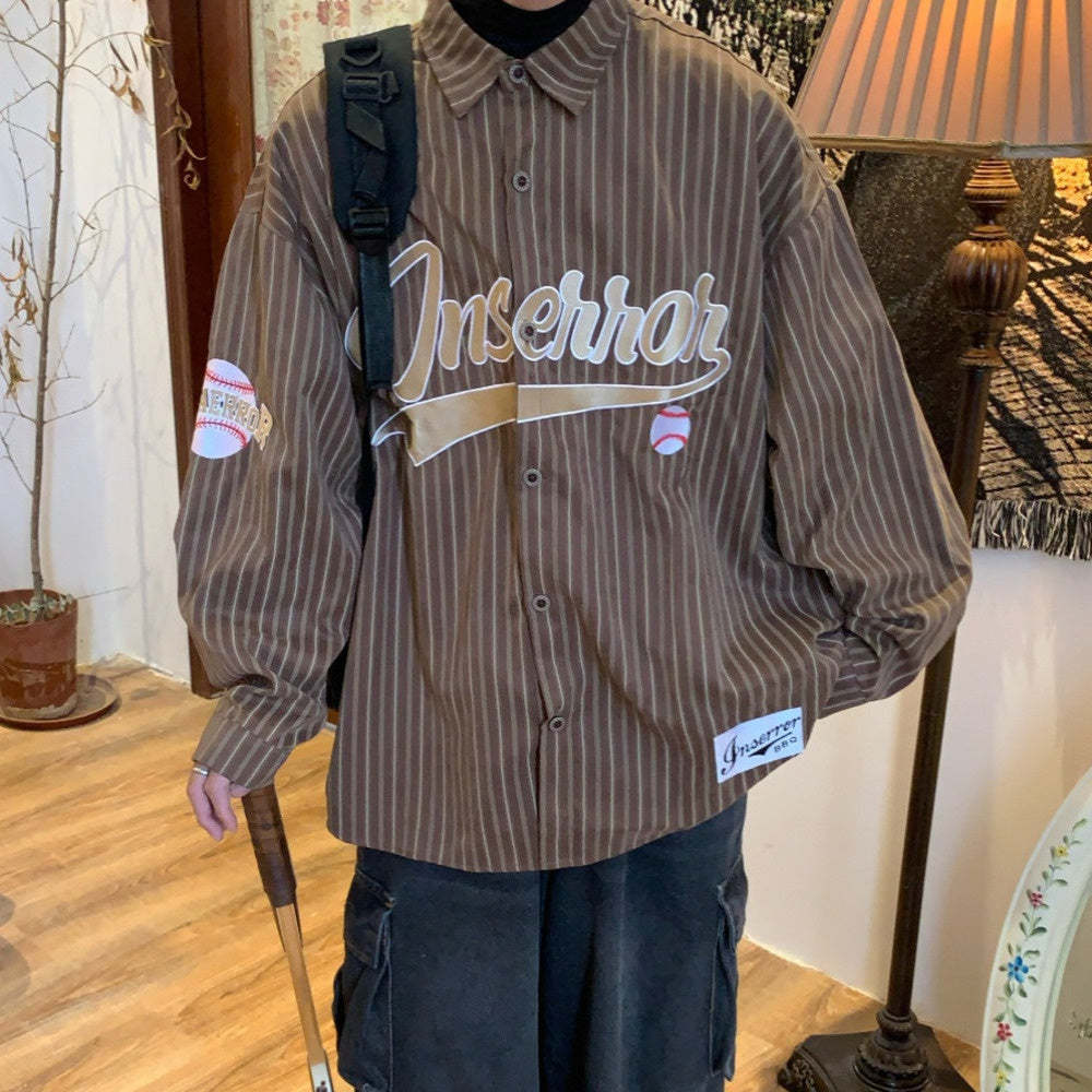 美式復古豎條紋長袖襯衫潮寬鬆慵懶風潮牌街頭情侶襯衣