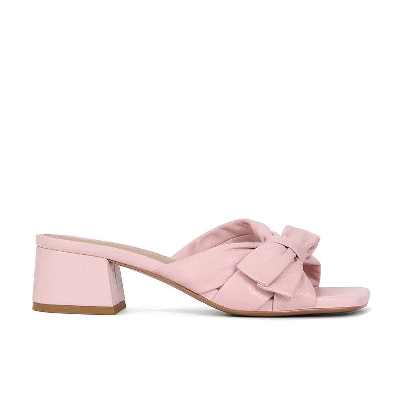 方頭蝴蝶結粗跟拖鞋女羊皮褶皺露趾穆勒一字涼拖外穿夏