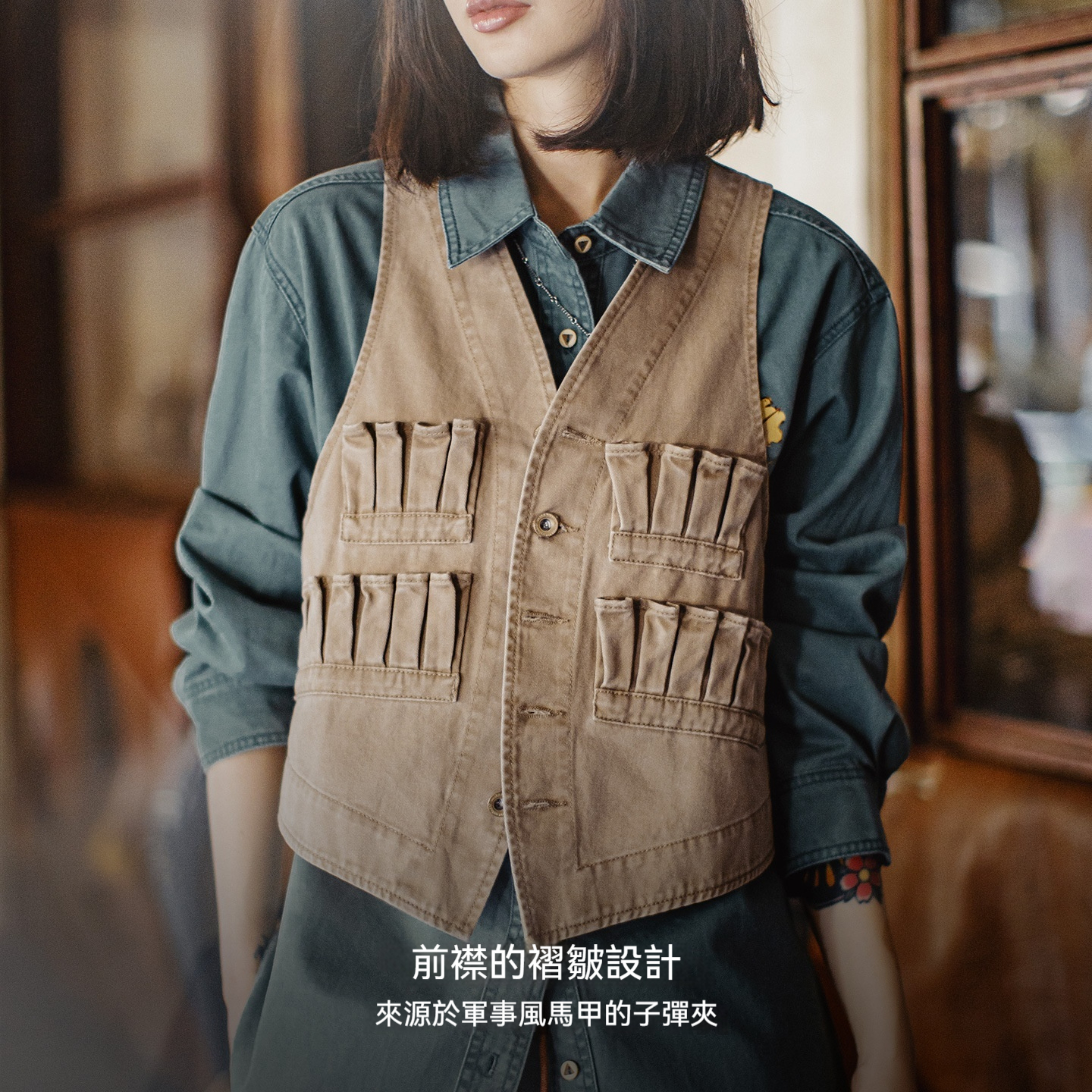 復古多口袋V領無袖工裝外搭套疊穿馬甲夾坎肩心上衣女士秋季