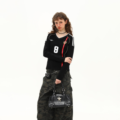 美式復古球衣V領辣妹長袖正肩T恤女秋季短款顯瘦修身上衣