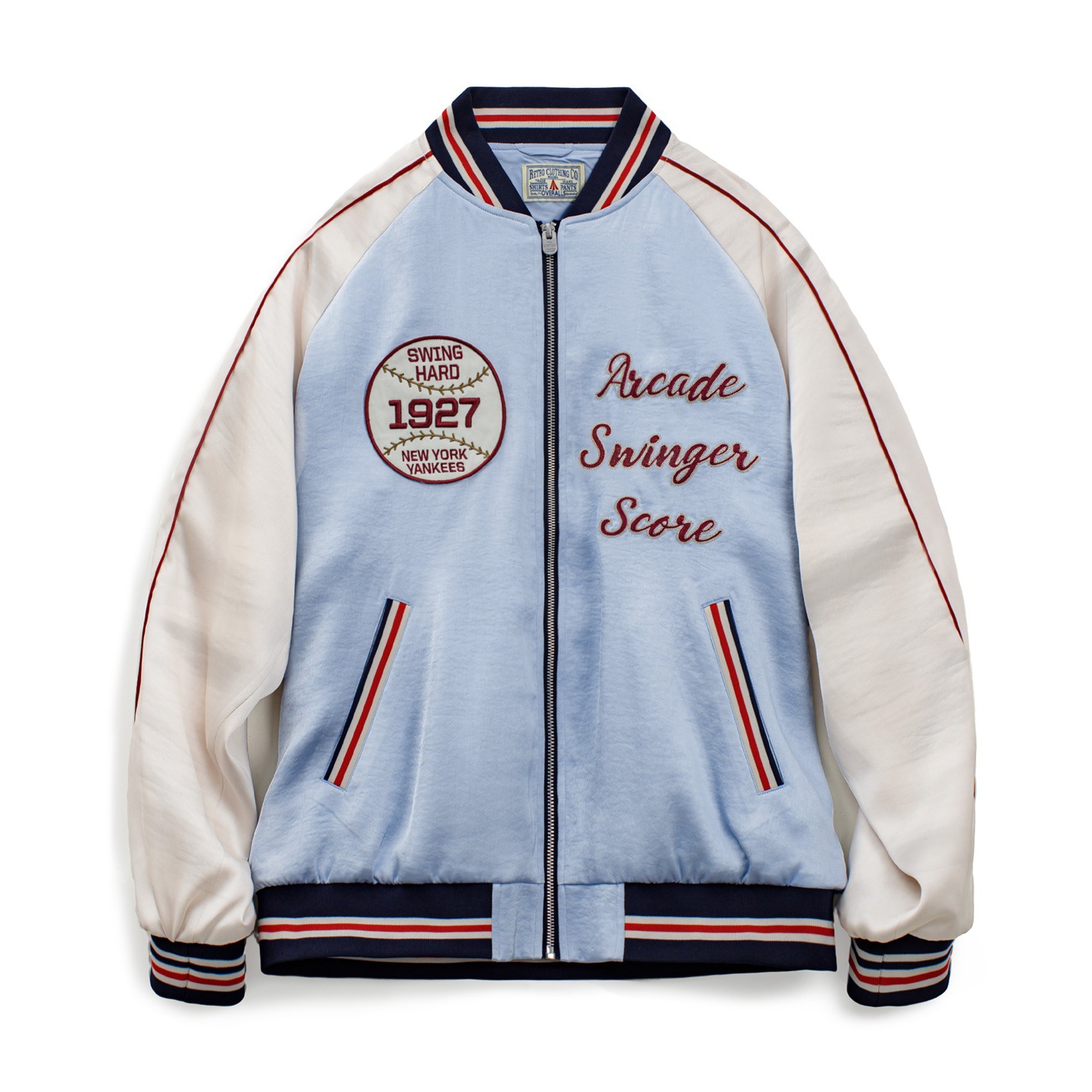 美式復古寬鬆橫須賀重工刺繡棒球服領夾克緞面開衫外套女士秋