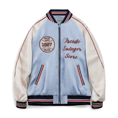 美式復古寬鬆橫須賀重工刺繡棒球服領夾克緞面開衫外套女士秋