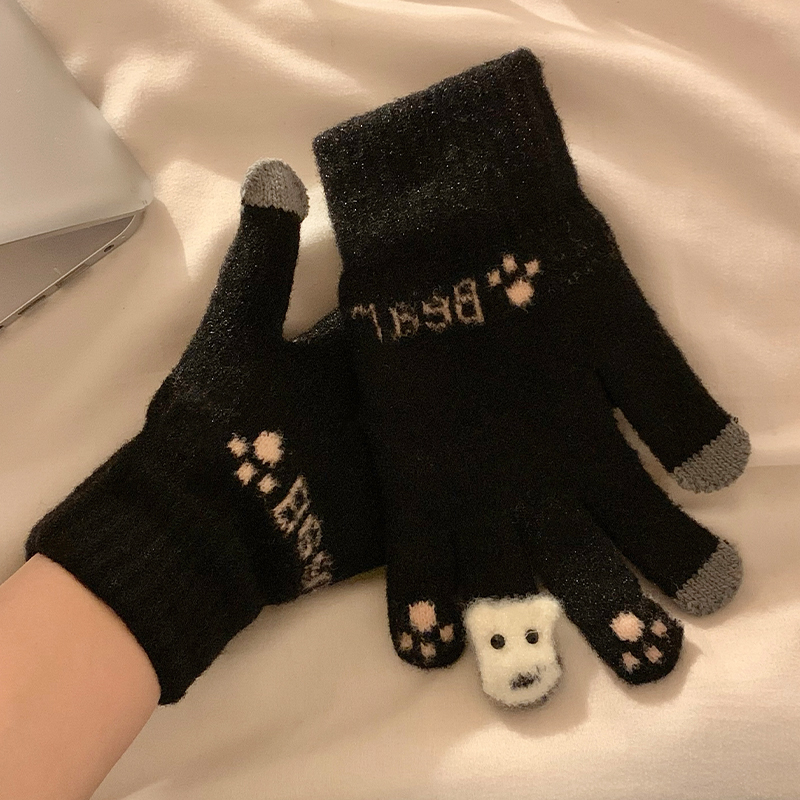 可愛毛絨針織五指手套女士冬季保暖加厚學生觸屏騎車冬天防寒防風
