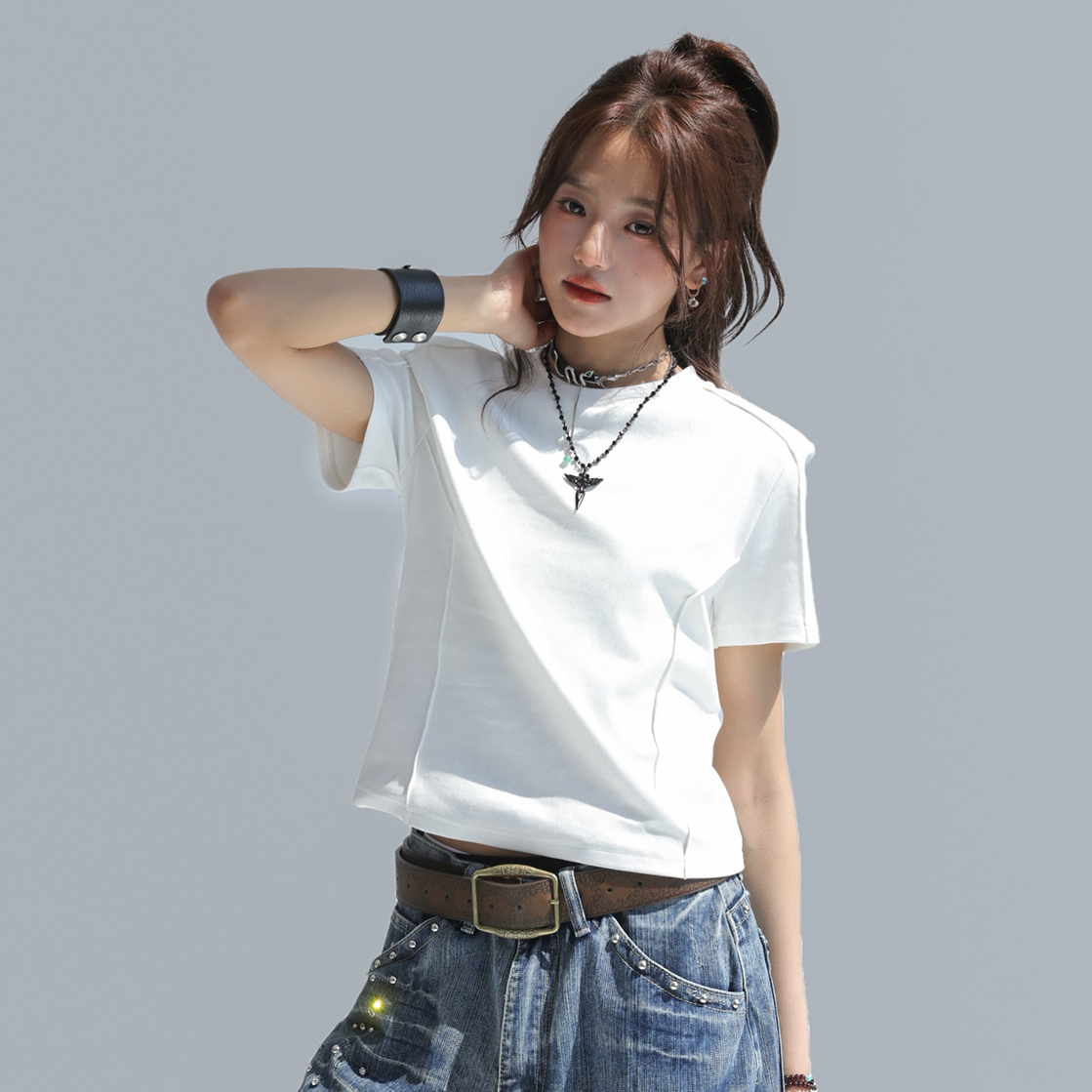 圓領正肩短袖女t恤2025新款魚骨設計感上衣修身顯瘦