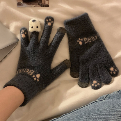 可愛毛絨針織五指手套女士冬季保暖加厚學生觸屏騎車冬天防寒防風