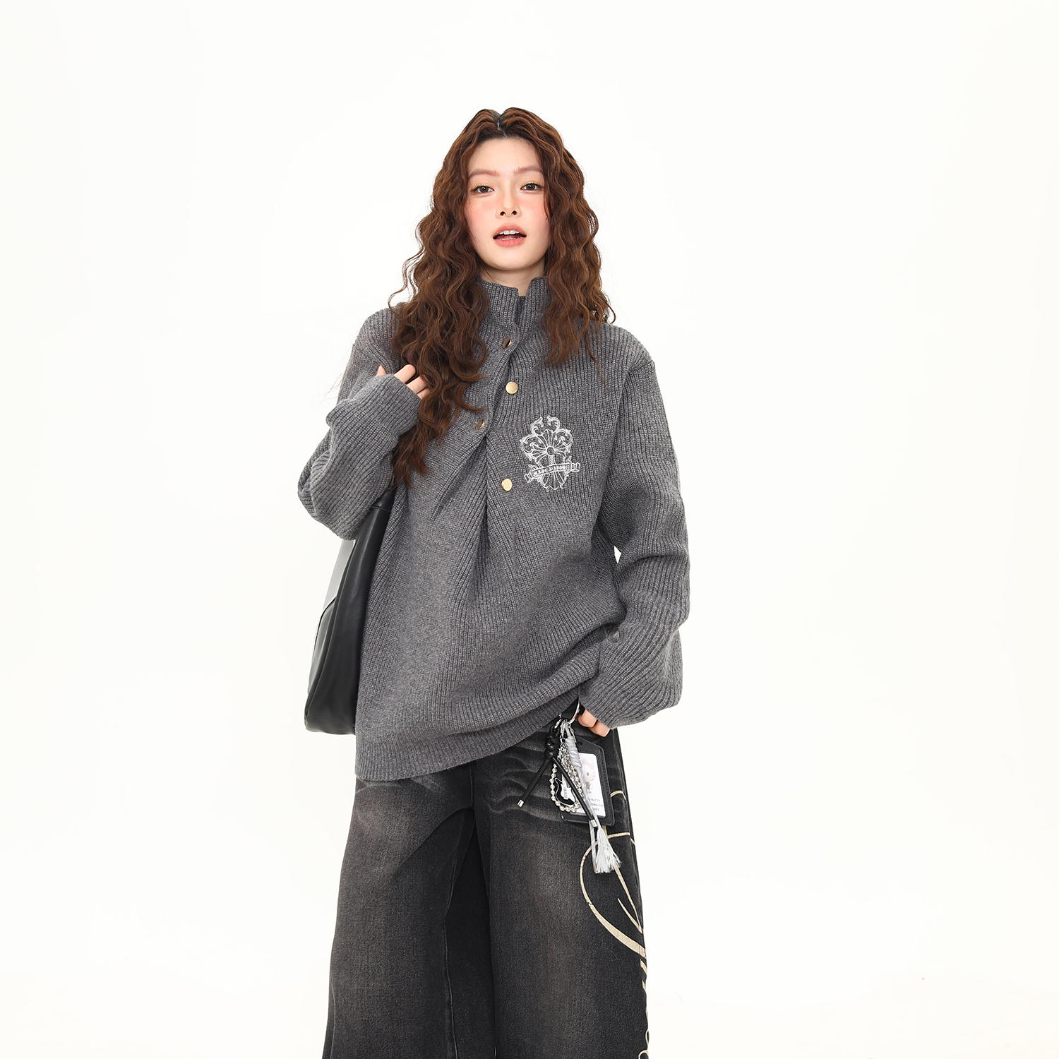 美式街頭不規則褶皺設計感高領毛衣女秋冬高智感針織衫