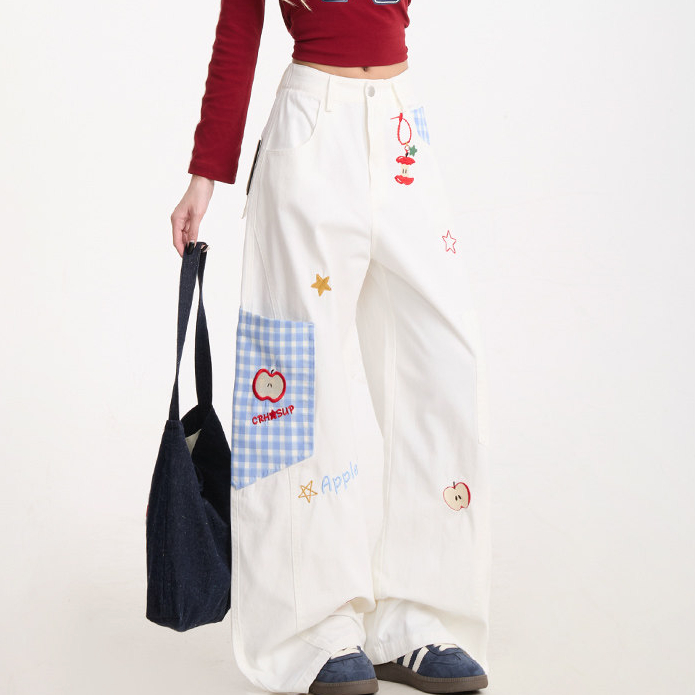 卡通刺繡牛仔褲女格紋拼接大口袋闊腿褲潮牌百搭直筒褲