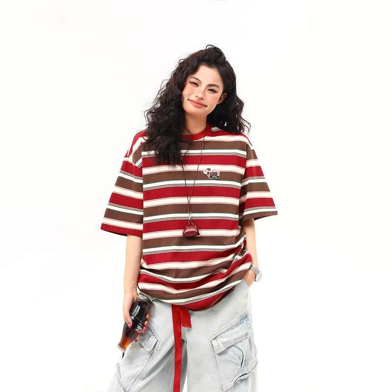 美式復古臘腸狗刺繡條紋短袖T恤女夏季寬鬆百搭體恤