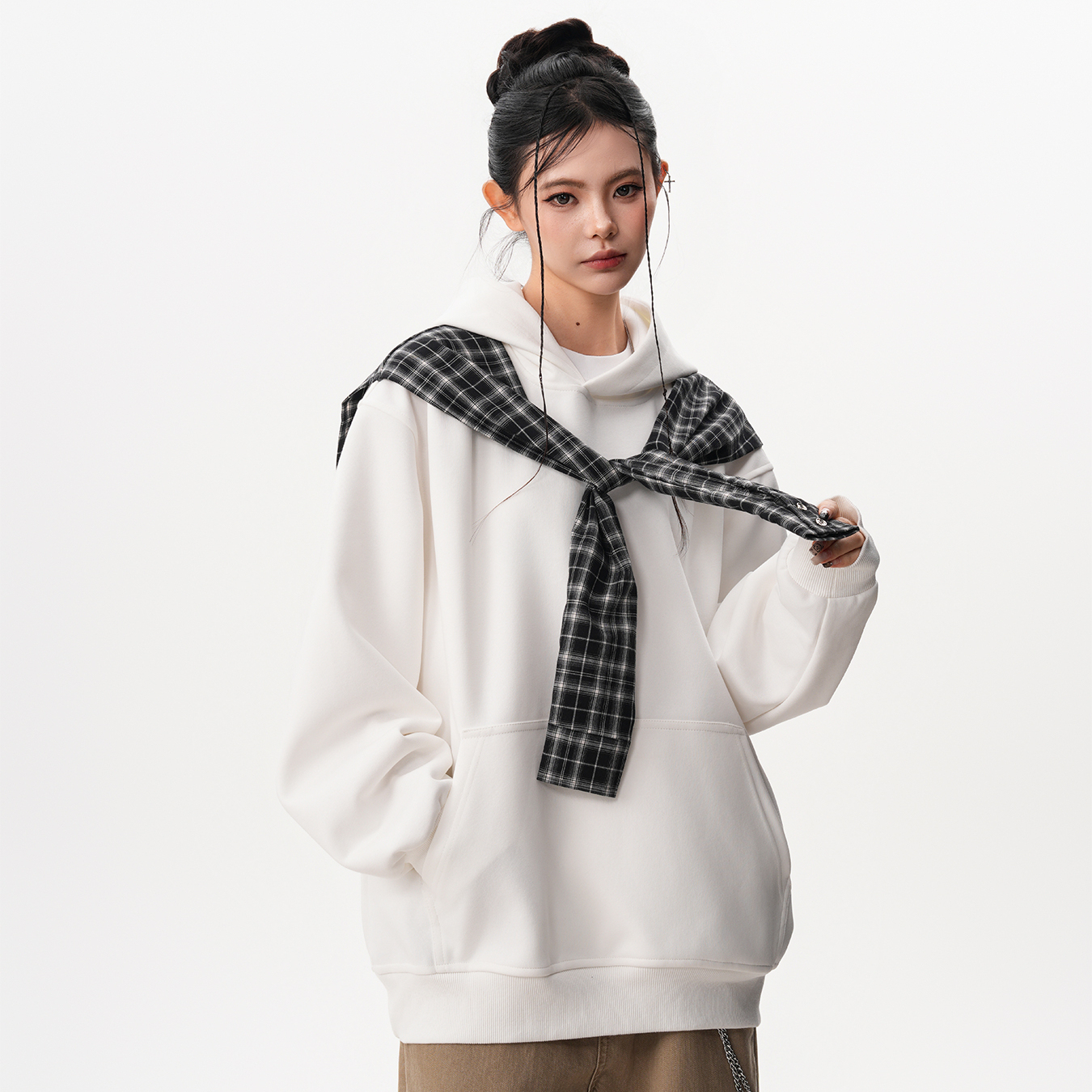 撞色格子披肩假兩件連帽衛衣女秋季小眾設計感慵懶百搭上衣
