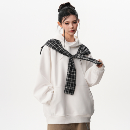 撞色格子披肩假兩件連帽衛衣女秋季小眾設計感慵懶百搭上衣