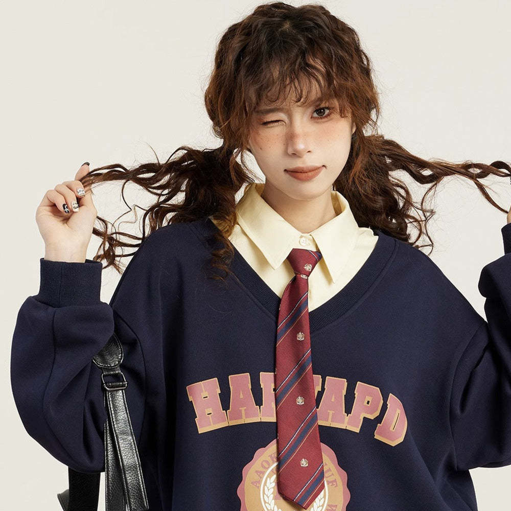 美式復古假兩件v領無帽套頭衛衣女秋季秋冬學院風設計感冬季上衣