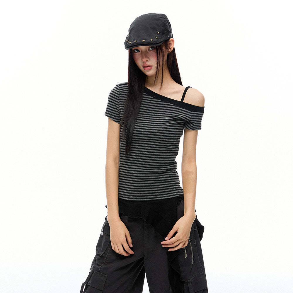 美式漏肩條紋短袖T恤女2025年夏季慵懶風修身顯瘦短款上衣女