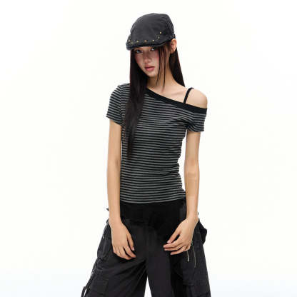 美式漏肩條紋短袖T恤女2025年夏季慵懶風修身顯瘦短款上衣女