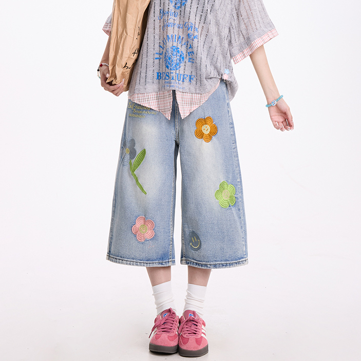花朵刺繡藍色牛仔七分褲女美式復古慵懶小眾直筒夏季短褲