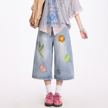 花朵刺繡藍色牛仔七分褲女美式復古慵懶小眾直筒夏季短褲