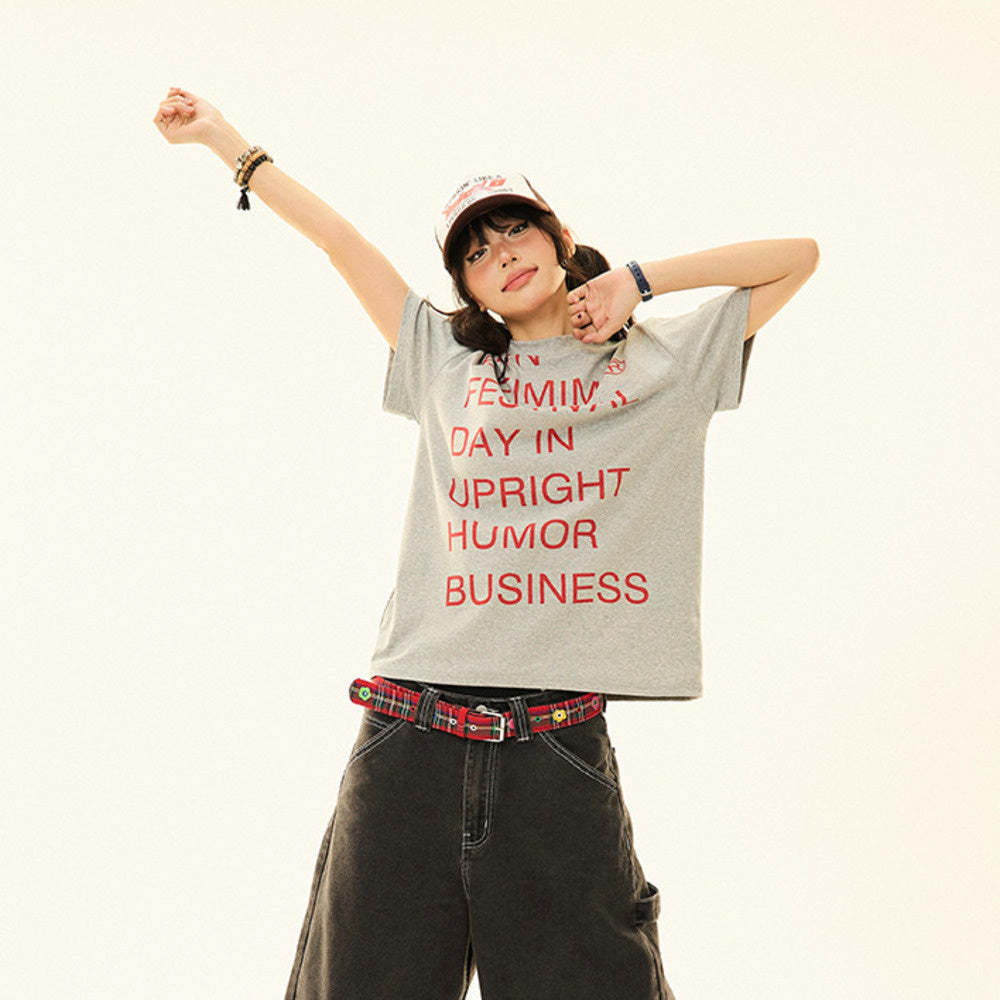 美式設計感標語印花cleanfit短袖t恤女夏純棉正肩上衣