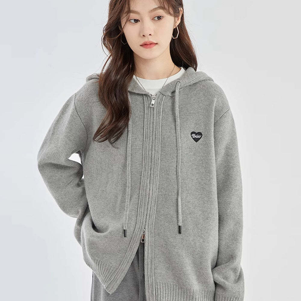灰色連帽針織開衫外套女2024秋季新款寬鬆上衣
