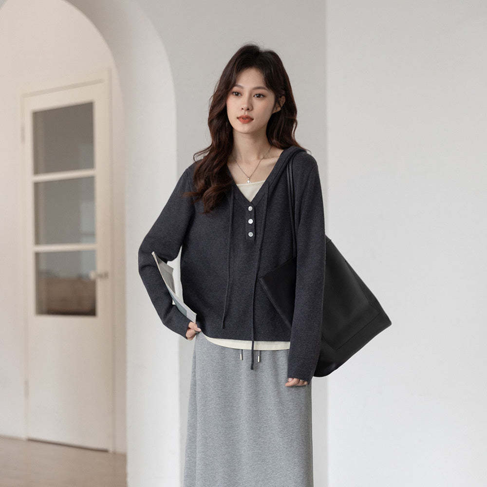 深灰色假兩件連帽針織衫女2025春季修身顯瘦上衣