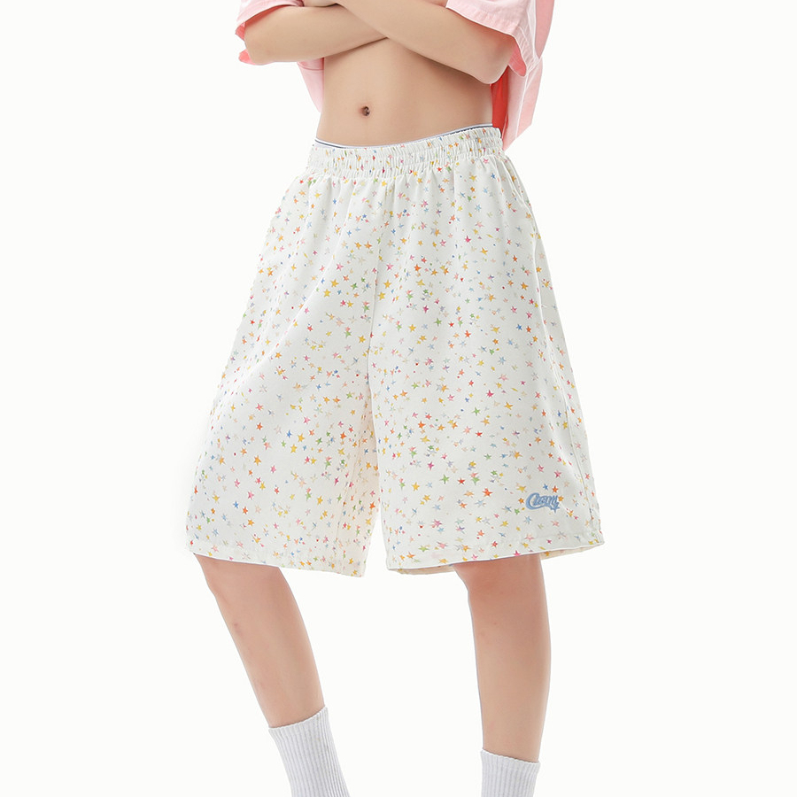美式星星滿印短褲女夏季字母刺繡工裝闊腿褲寬鬆休閒五分褲