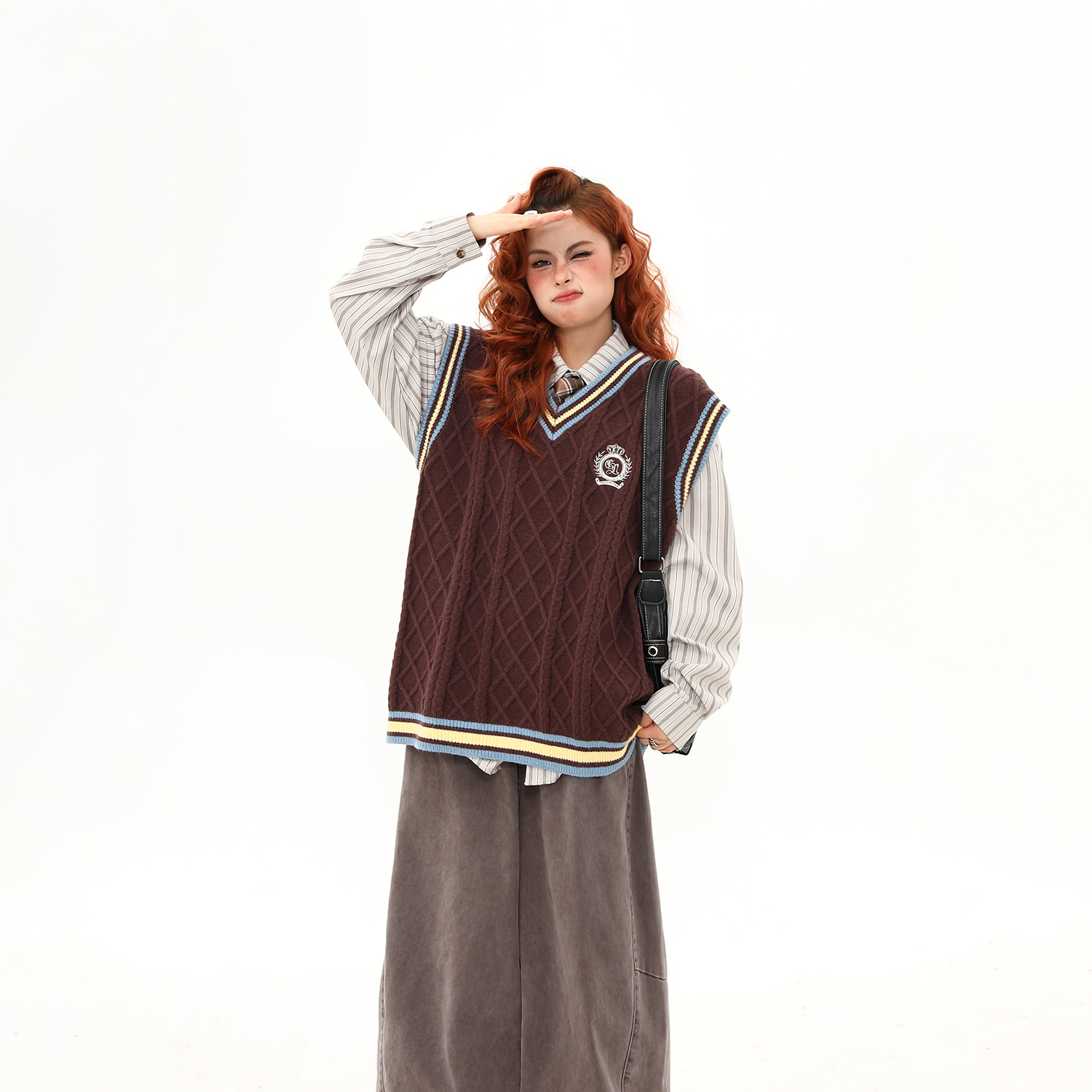 美式復古學院風刺繡美拉德馬甲背心毛衣女秋冬寬鬆針織衫