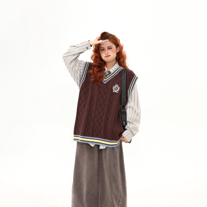 美式復古學院風刺繡美拉德馬甲背心毛衣女秋冬寬鬆針織衫