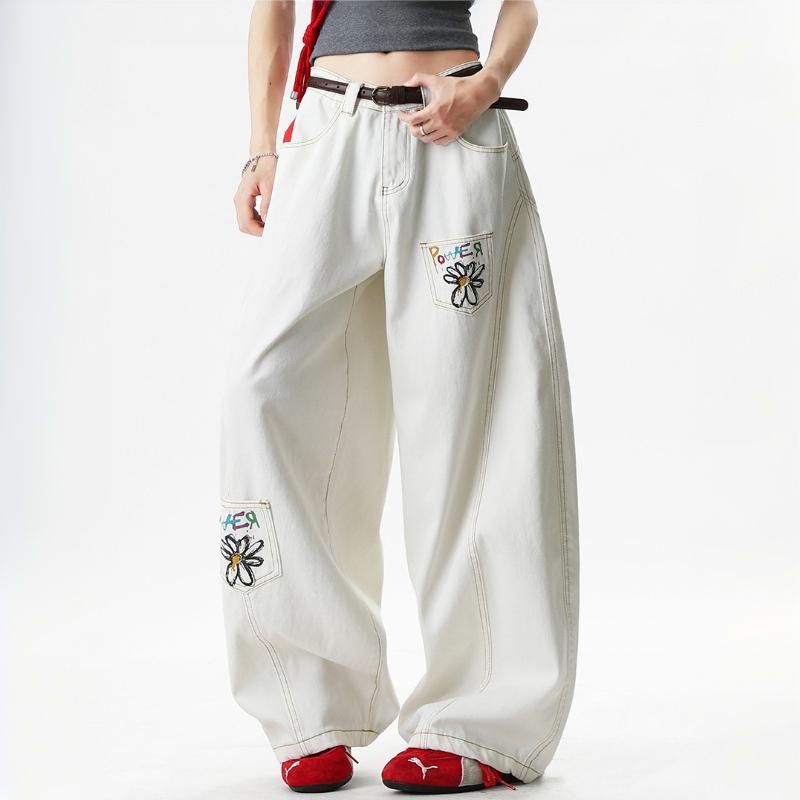 白色小雛菊彩繪印花彎刀牛仔褲女2026春季復古多口袋解構闊腿褲