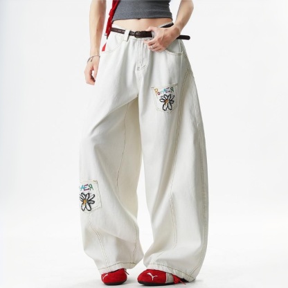 白色小雛菊彩繪印花彎刀牛仔褲女2026春季復古多口袋解構闊腿褲