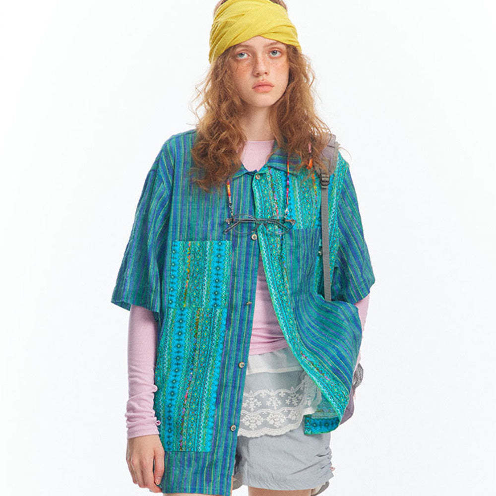 春夏新款湖藍色國潮民族風短袖襯衫女vintage上衣