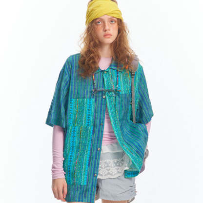 春夏新款湖藍色國潮民族風短袖襯衫女vintage上衣