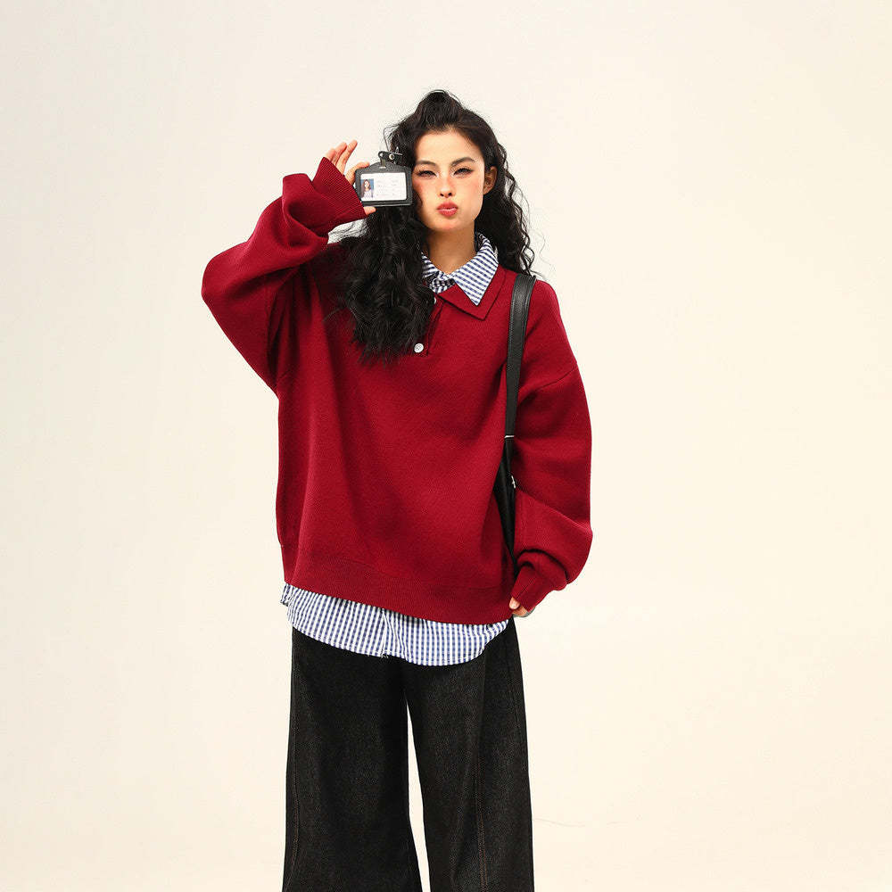 美式復古高級感假兩件翻領學院風毛衣女秋冬百搭針織衫