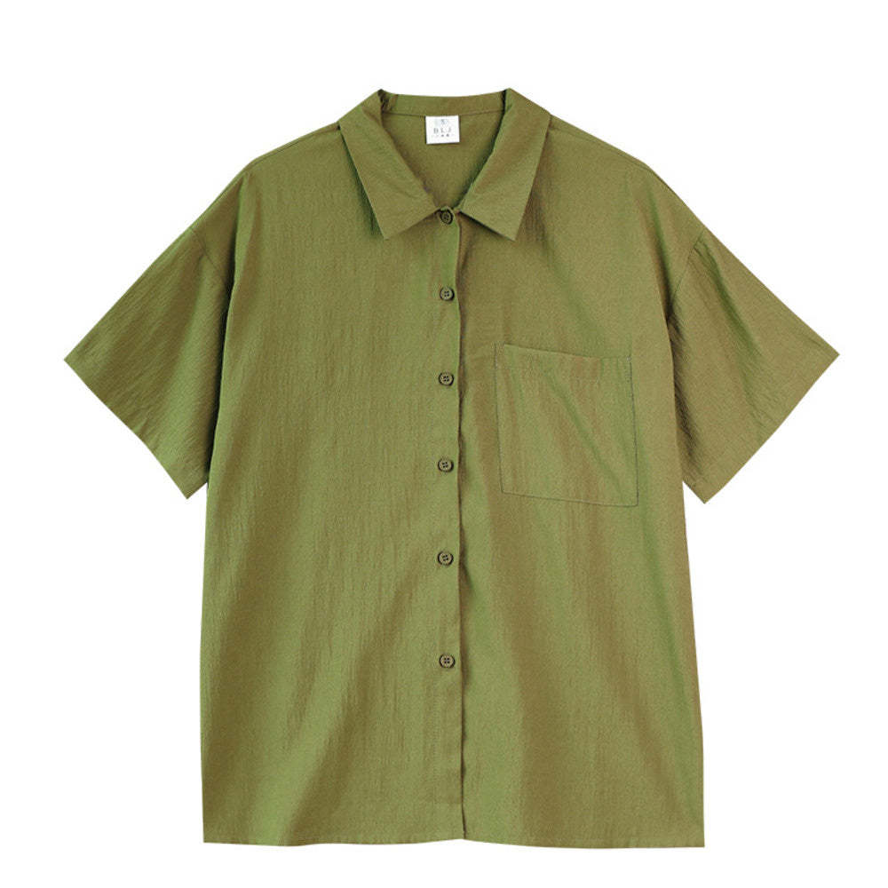 港風復古簡約風綠色夏季新款設計感短袖襯衫寬鬆上衣顯瘦襯衣女
