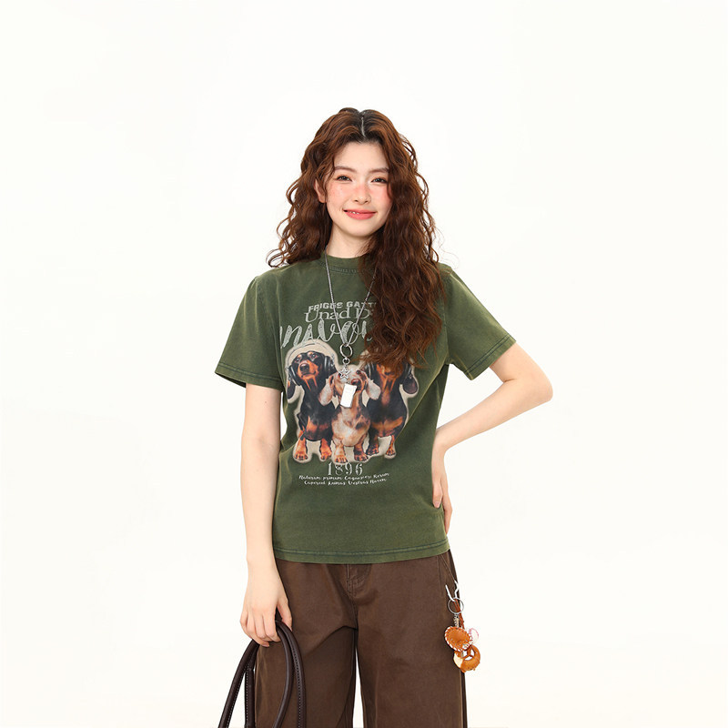 正肩T恤女美式復古水洗做舊臘腸狗印花短寬鬆百搭短袖