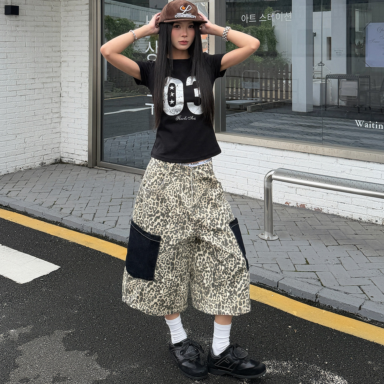 美式撞色豹紋七分褲女夏季潮流設計感寬鬆闊腿直筒短褲子